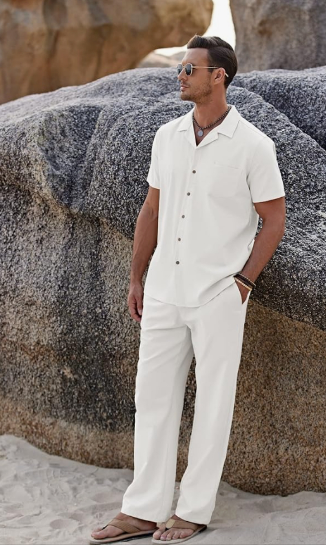 Men 2 Piece Linen Outfit Beach Button Down Shirt Casual Loose Pant Sets