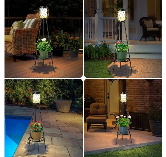 Solar Lights Outdoor Street Lights with Plant Stands 2 Pack, Solar Floor Lamp Metal Tripod Patio Lights for Garden Yard Pathway Driveway Front/Back Porch Decoration