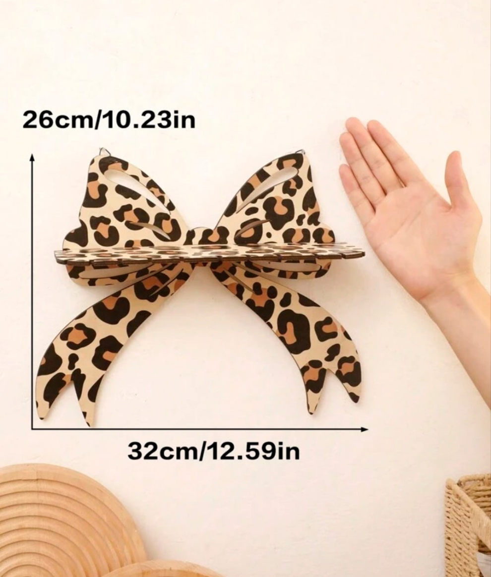 2pc Leopard Bow Wall Shelf – Wooden Crystal Display Stand With Hooks, Decorative Hanging Jewelry Holder For Bedroom, Living Room, Or Vanity, Leopard Print Design,Home Decor ,Room Decor,Wall Decor