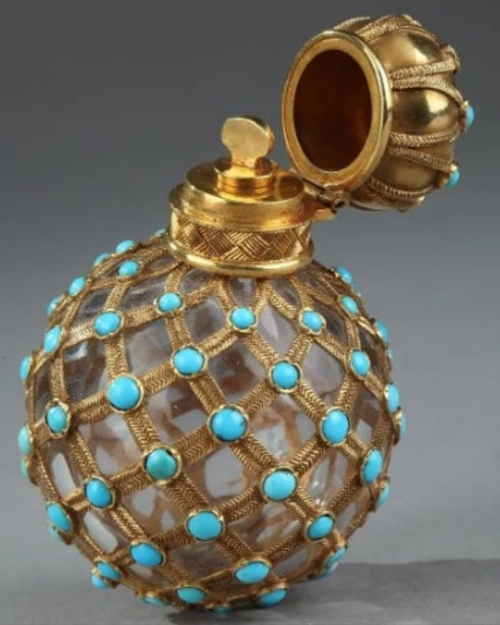 Gold, Crystal and Turquoise Perfume Flask Restauration Period 18k Gold