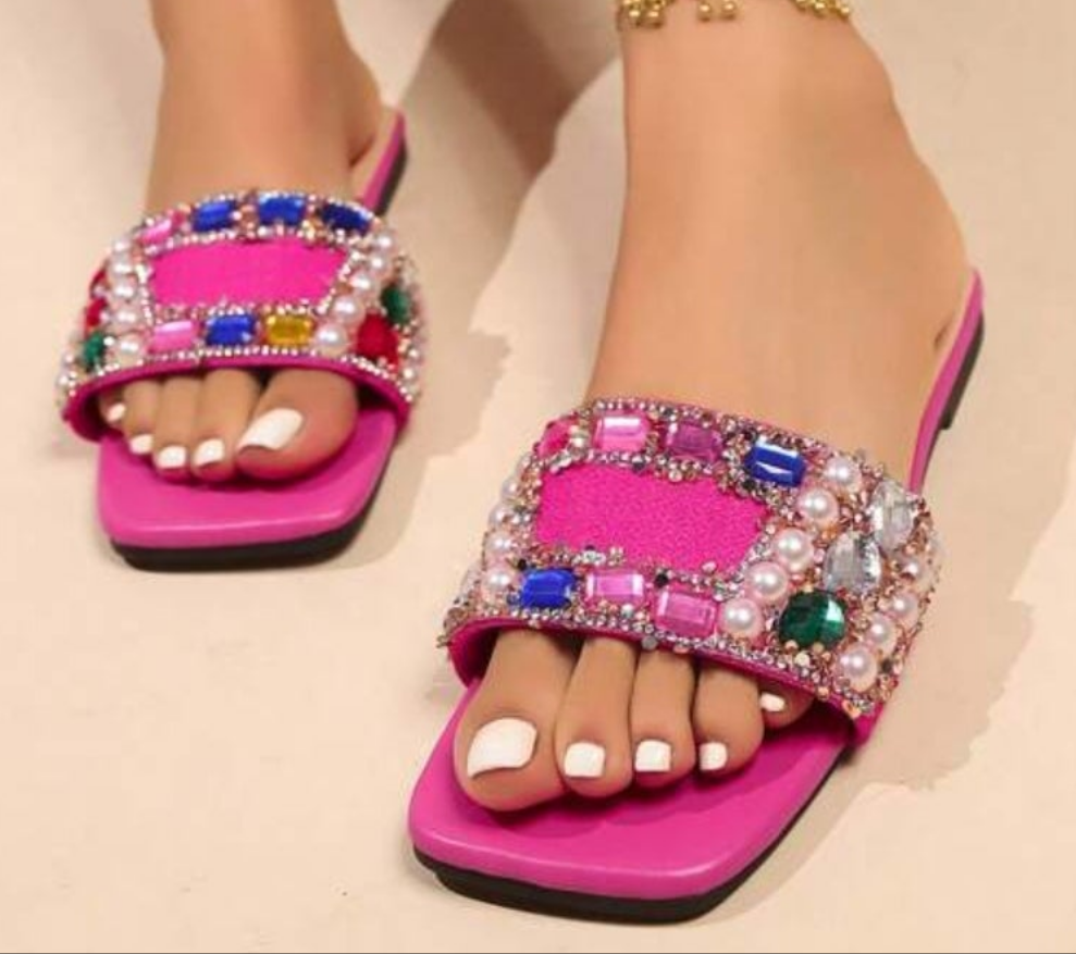 Faux Pearl & Rhinestone Decor Square Open Toe Flat Slip-On Slippers, Fashionable Lightweight Comfortable Anti-Slip For Indoor/Outdoor, Party, Beach, Vacation