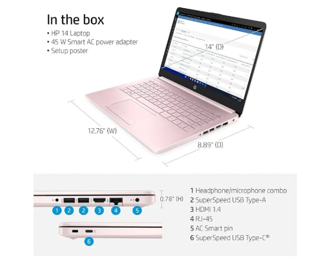 HP Portable Laptop, Student and Business, 14" HD Display, Intel Quad-Core N4120, 16GB DDR4 RAM, 64GB eMMC, 1 Year Office 365, Webcam, SD Card Reader, HDMI, Wi-Fi, Windows 11 Home, White, KKE Mousepad