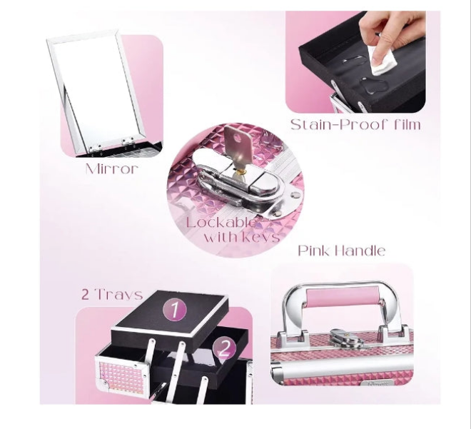 Makeup Train Case Cosmetic Box 2-Tier Tray Jewelry Storage Organizer with Mirror Key Lock Portable Carrying Makeup Box