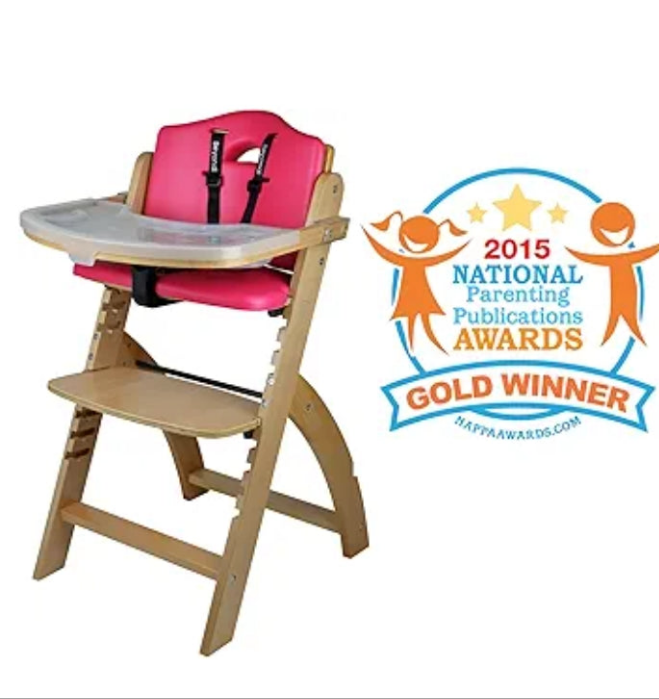 Junior Wooden High Chair with Tray. The Perfect Adjustable Baby Highchair Solution for Your Babies and Toddlers or as a Dining Chair. 6 Months up to 250 Lb. Natural Wood/with Cushion