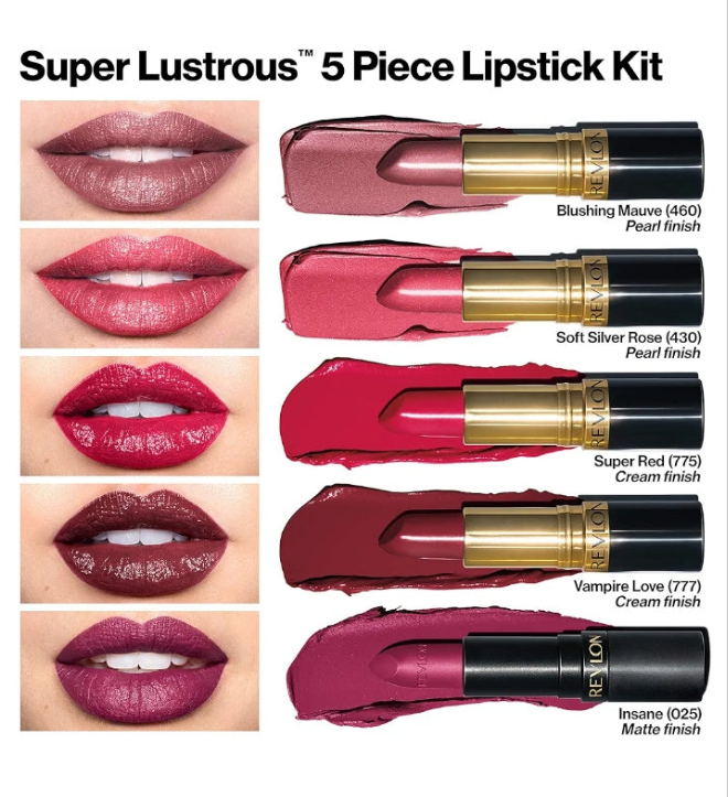 Lipstick Set, 5-Piece Lip Color Gift Set for Women, Makeup Stocking Stuffers, Cream Pearl & Matte, Pack of 5
