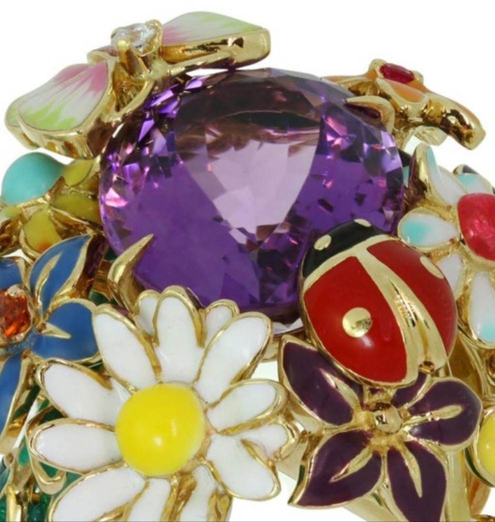 CHRISTIAN DIOR Diorette Amethyst Diamond Gemstone Yellow Gold Large Ring 19k White Gold
