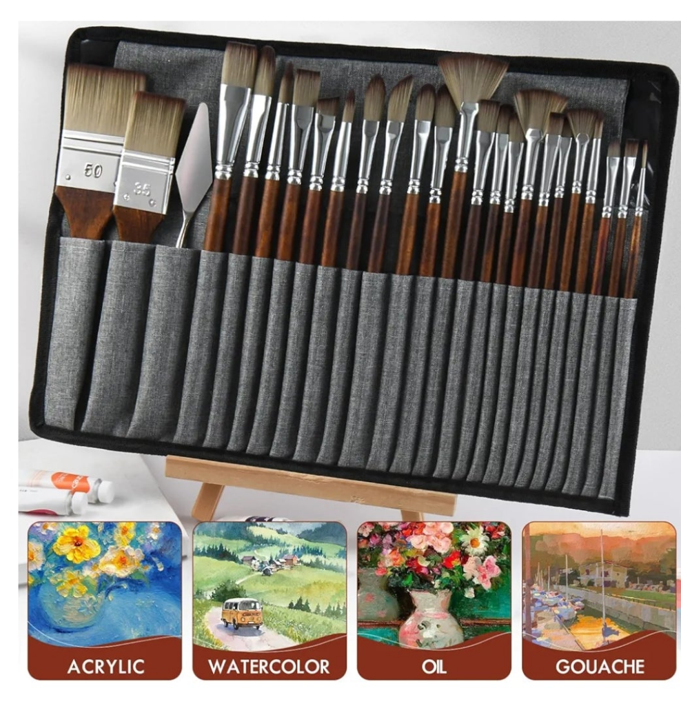 25pcs Paint Brush Set, Fuumuui Acrylic Paint Brushes, Professional Artist Series with Wide Flat, Filbert, Fan, Dagger, Cat Tongue, Round, Angle, Rigger for Oil, Acrylic Canvas Paintings, Face Painting