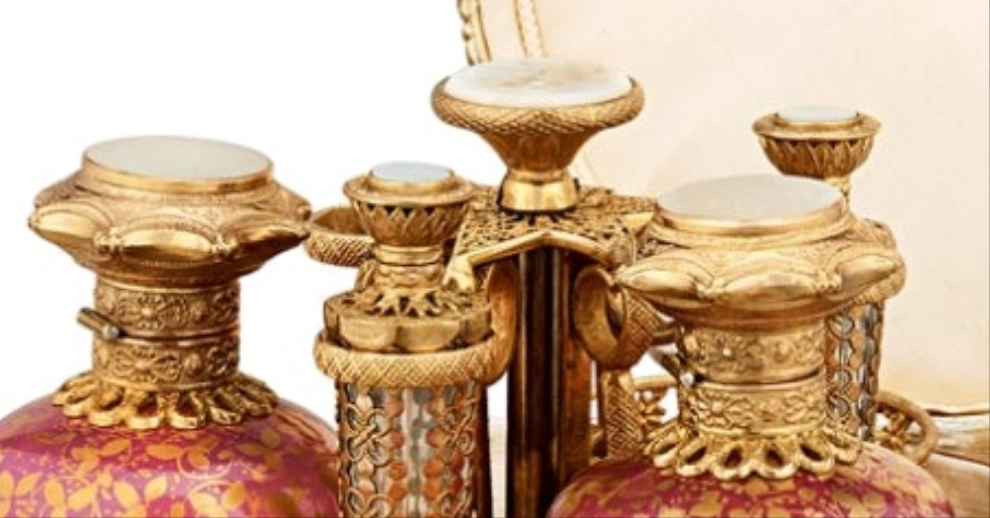 Fabulous Piece A Palais-Royal Mother-of-Pearl Perfume Box and Flasks made of crystal gilt bronze and pink opaline glass. Absolutely stunning. π