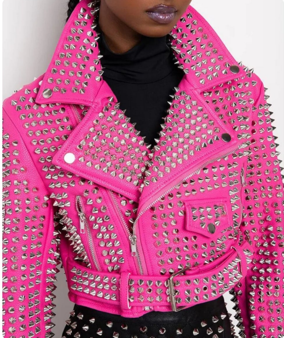 Women's Hot Pink Studded Leather Moto Jacket COCOMONEY