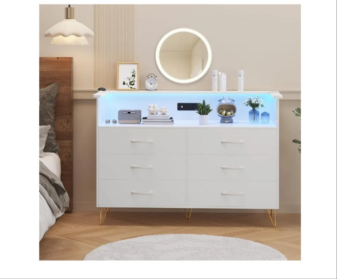 Dresser for Bedroom with LED Light & Power Outet, 6 Drawers Wooden Dressers with 2-Tier Open Space, Modern Chest of Double Wide Drawers for Living Room, Entryway, Hallway TV Stand