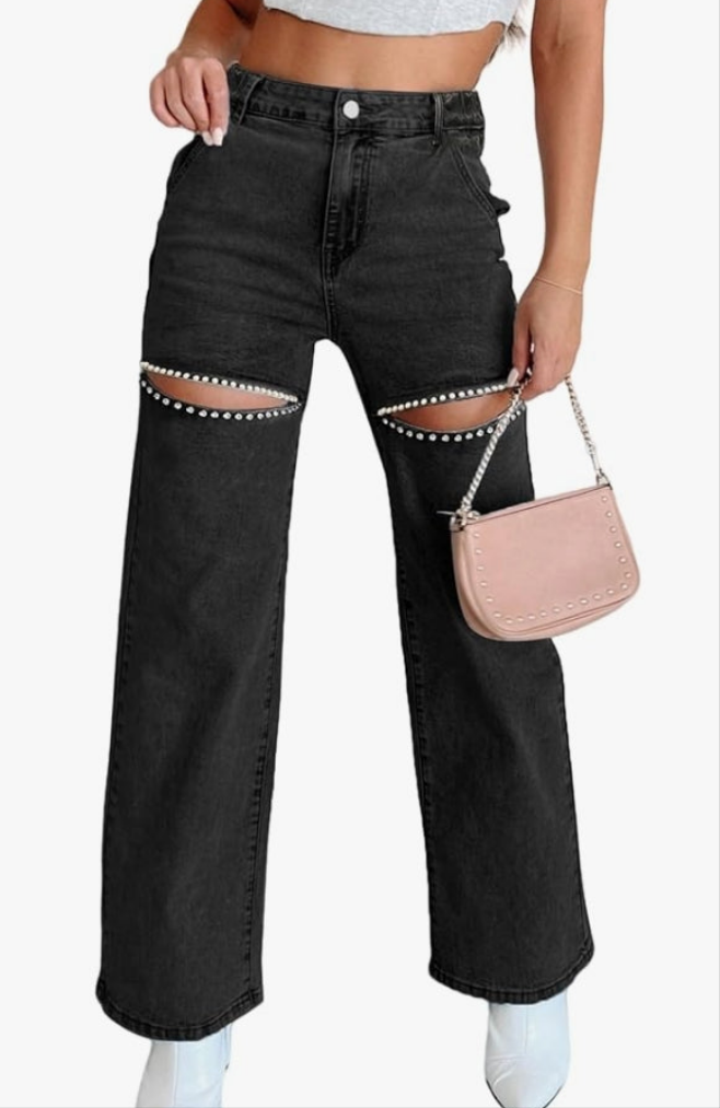 High Waist Denim Jeans Rhinestone Trim Bling Jeans Plus Size Denim Pants