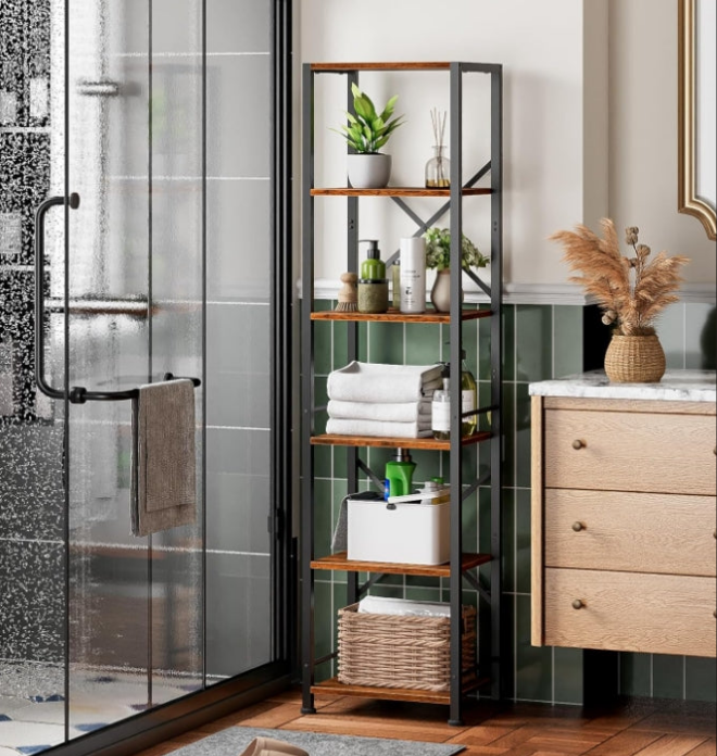 Tall Bookshelf, Narrow Bookcase with 6 Shelves, Modern Freestanding Shelf Units, Metal and Wood Display Storage Corner Rack Organizer for Living Room, Home Office, Hallway, Bathroom