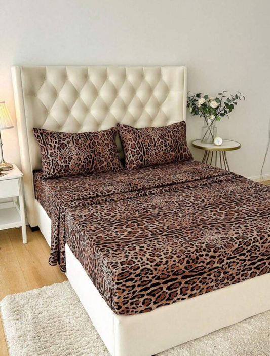 4pcs Polyester Leopard Print Bedding Set (2 Pillowcases+1 Flat Sheet+1 Fitted Sheet)