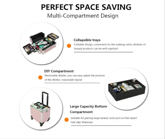 4 in 1 Rolling Makeup Train Case, Aluminum Makeup Travel Organizer Cosmetic Case, Cosmetology Display Suitcase on Wheels, Beauty Storage Luggage Lockable w/4 Removable Wheels