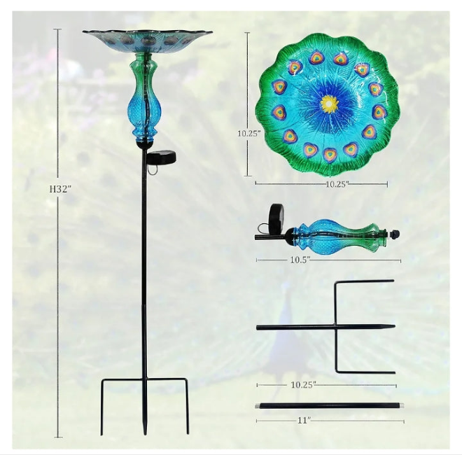 Peacock Bird Bath for Outdoor - Glass Bowl Solar Light Bird Baths Cage Outside Dish Bird Feeder with Metal Stake for Garden, Yard and Patio - 32 inches
