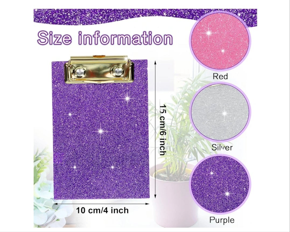 3 Pcs Mini Glitter Clipboard 4" x 6" Bling Small Acrylic Clipboards Mini Pocket Memo Size Clip Boards with Low Profile Clip for Office Classroom Back to School Supplies Pink Silver Purple