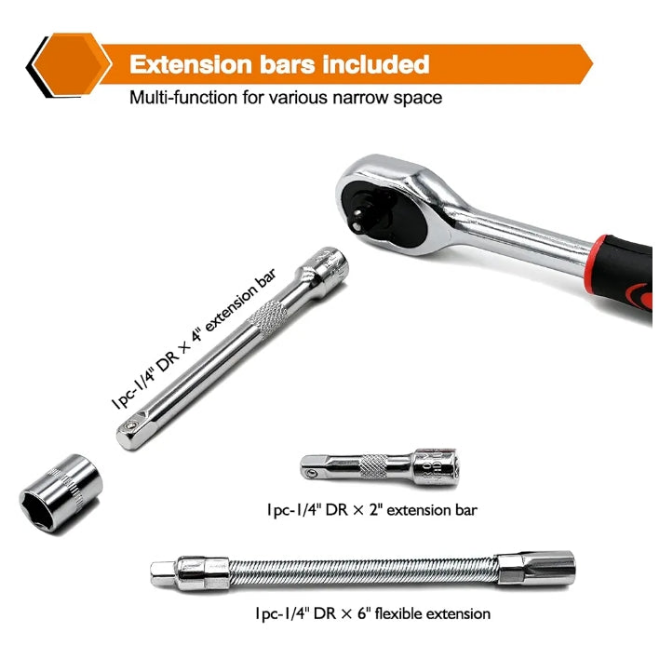 Egofine 46 Pieces 1/4 inch Drive Socket Ratchet Wrench Set, with Bit Socket Set Metric and Extension Bar for Auto Repairing and Household, with Storage Case