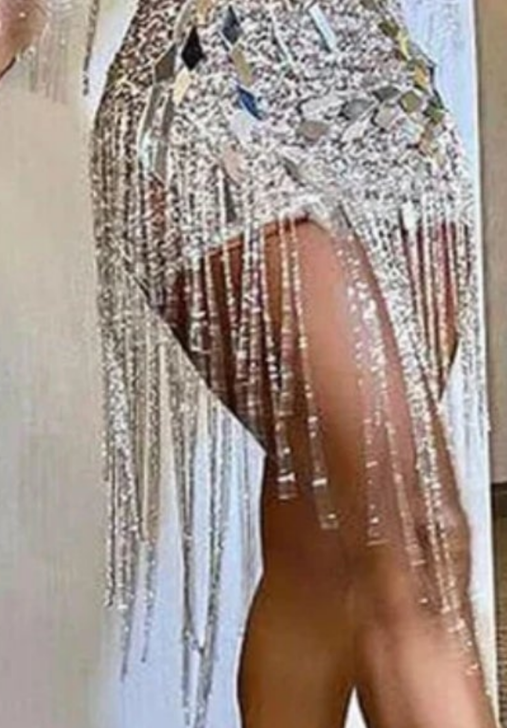 Sparkly Rhinestone Fringe Epaulet Sheer Mesh Sequin Party Mini Dress - Silver COCOMONEY