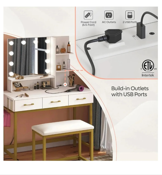 Vanity Desk with Mirror and Lights, Makeup Vanity with Wider Cushioned Stool, Vanity Set with USB Power Outlet, 3 Drawer,White (White One Size)