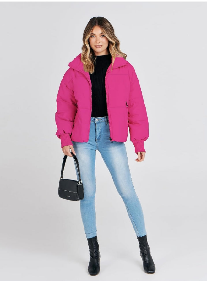 Long Sleeve Zip Puffer Jacket Pockets Baggy Short Coats