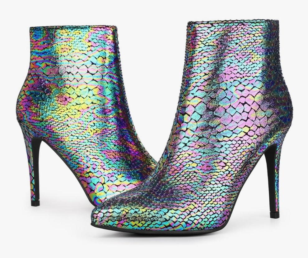 Snakeskin Printed Metallic Boots Pointed Toe Stiletto Heel Ankle Boots for Women