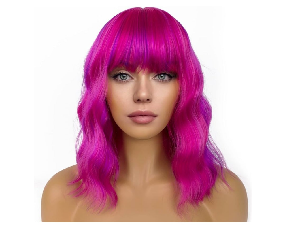 Wigs with Bangs for Women Loose Wavy Wig Pastel Wavy Shoulder Length Bob Synthetic Cosplay Wig for Girl Colorful Costume Wigs (Pink)