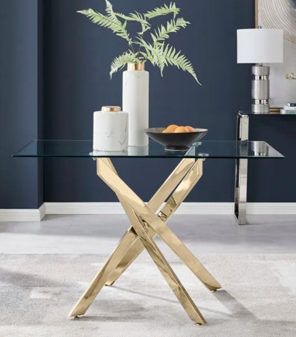 Metal and Glass Dining Table Set with 4 Velvet Upholstered Dining Chairs