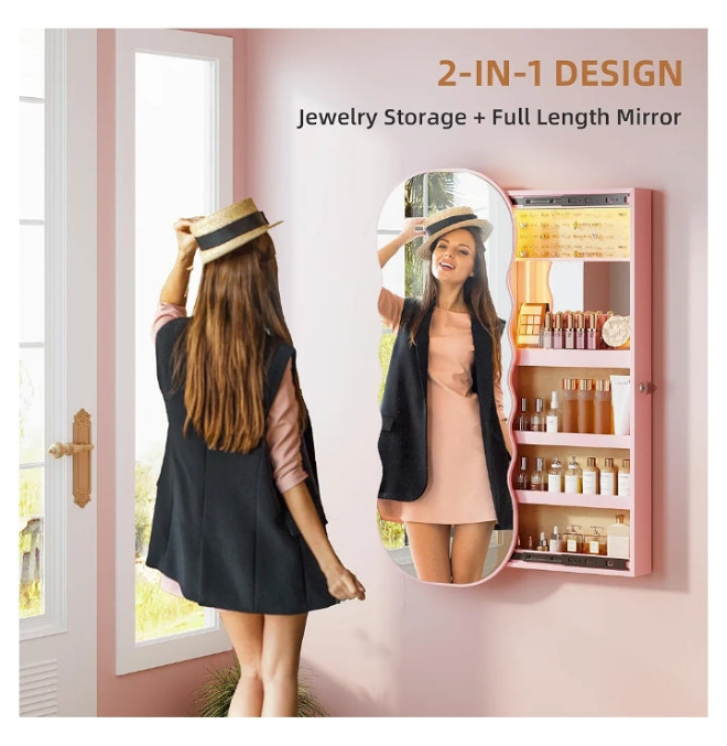 Jewelry Cabinet Door Hanging, LED Wavy Mirror Wall Mounted Jewelry Organizer, Over The Door Mirror With Storage, Lockable Jewelry Armoire with Full Length Mirror,