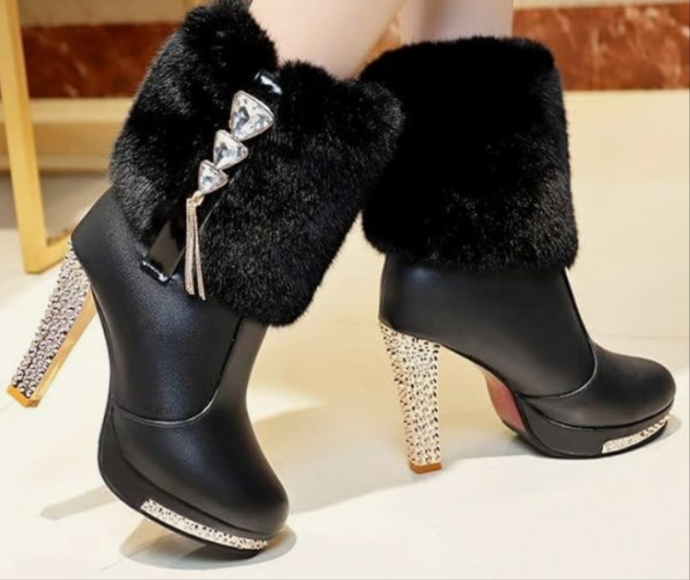 Plush Ankle Boots,Fashion Rhinestones Deco Side Zipper Non-slip Warm Closure Chunky High Heel Snow Boots