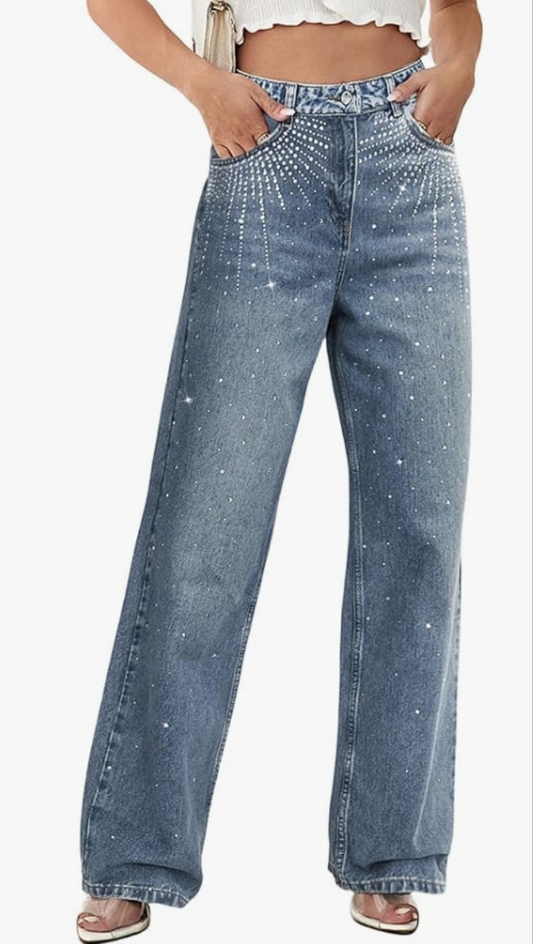 Rhinestone Jeans High Waist Sright Leg Denim Pants Trousers Streetwear