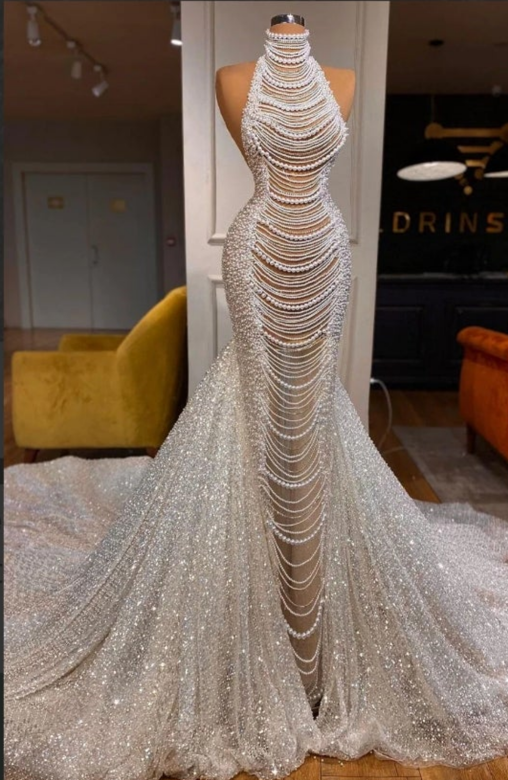 Long Mermaid Halter Beading Sleeveless Wedding Dress With Pearls