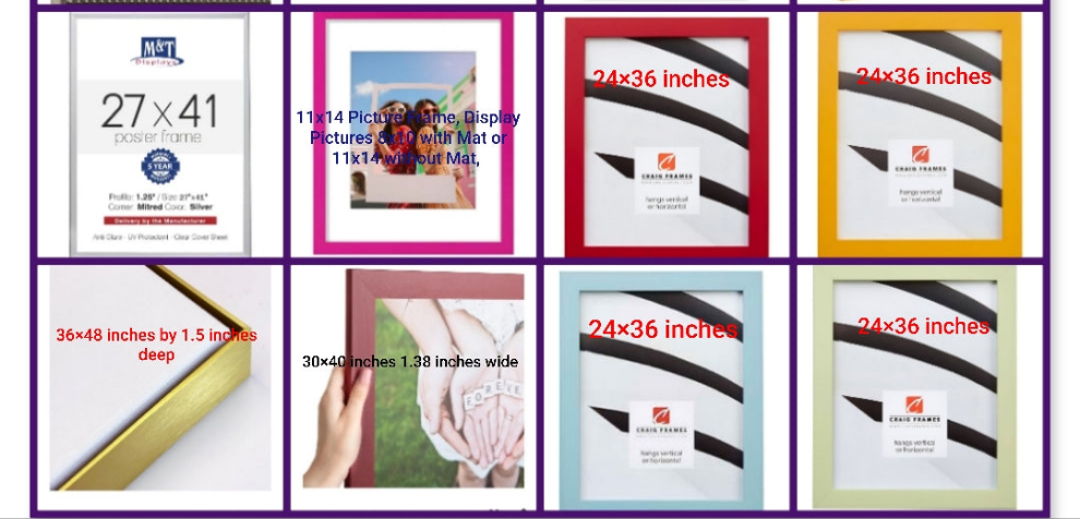 Picture frames multiple options and sizes as seen in picture
