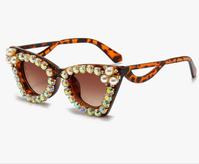 Sparkling Crystal Cat Eye Sunglasses Women Square Rhinestone Pearl Sun Glasses Party Diamond Bling Punk Eyewear