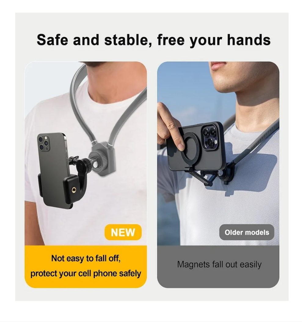 Premium Neck Phone Holder for Recording, Neck Mount Hands Free POV/Vlog Video Filming, Cell Phone Neck Holder for iPhone Android and All Smartphones(Gray)