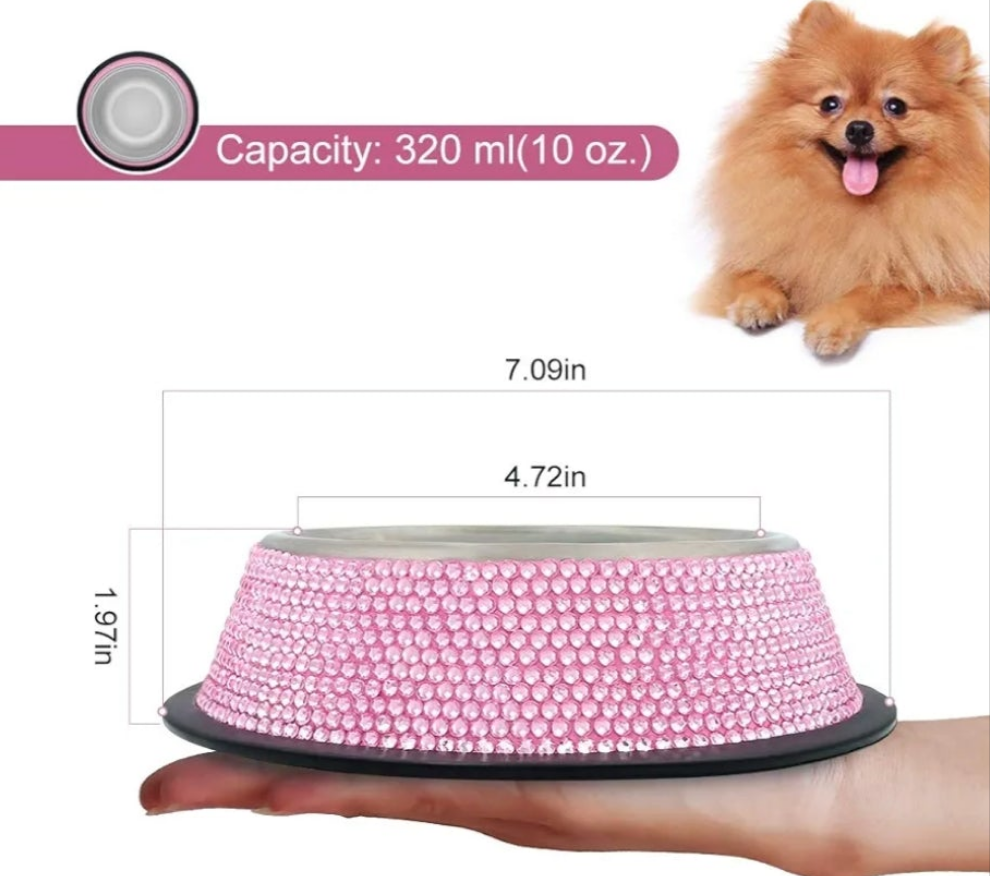 Rhinestone Pet Bowls, Bling Dog Cat Bowl Stainless Steel for Pets Food Water Dishes-2 Pack or single bowl
