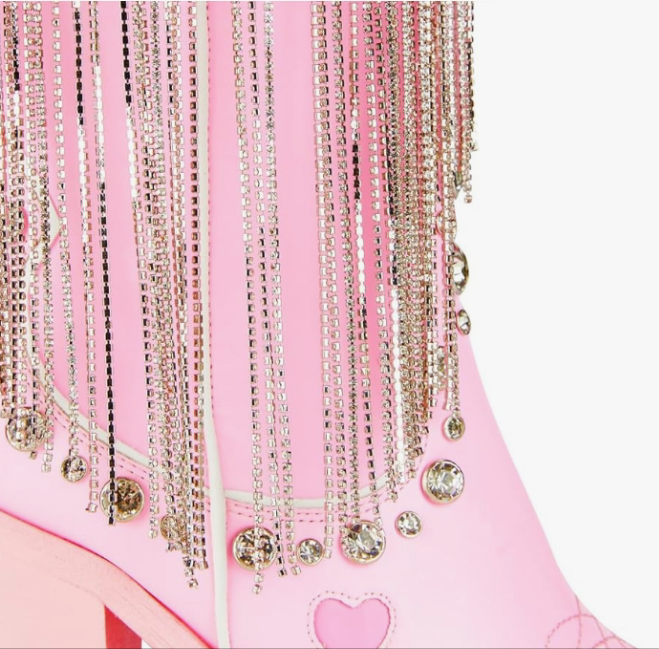 Cowbirl Boots - Vegan Leather Footwear With Rhinestone Fringe and Jewel Studs