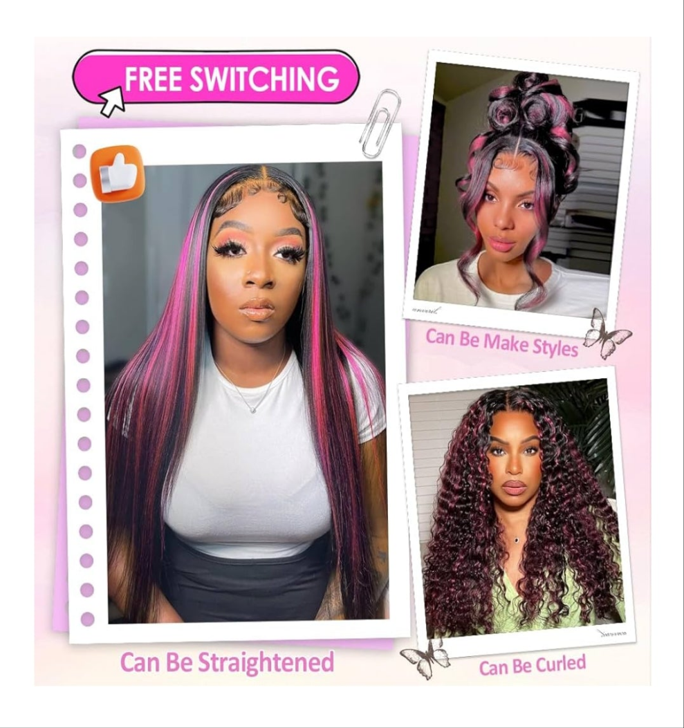 30 Inch Ombre Lace Front Wig Human Hair 13x6 1B/Pink 210% Density Highlight Wig Human Hair HD Body Wave Lace Frontal Pink And Black Colored Glueless Wigs Human Hair
