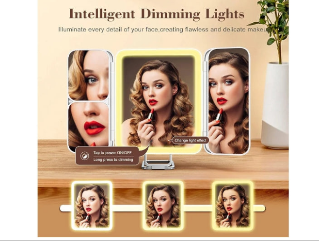 Travel Makeup Mirror, 64 LED Lighted Vanity Mirror with 1X 3X 7X Magnification, Tri-Fold Compact Mirror with Touch Light, Rechargeable,