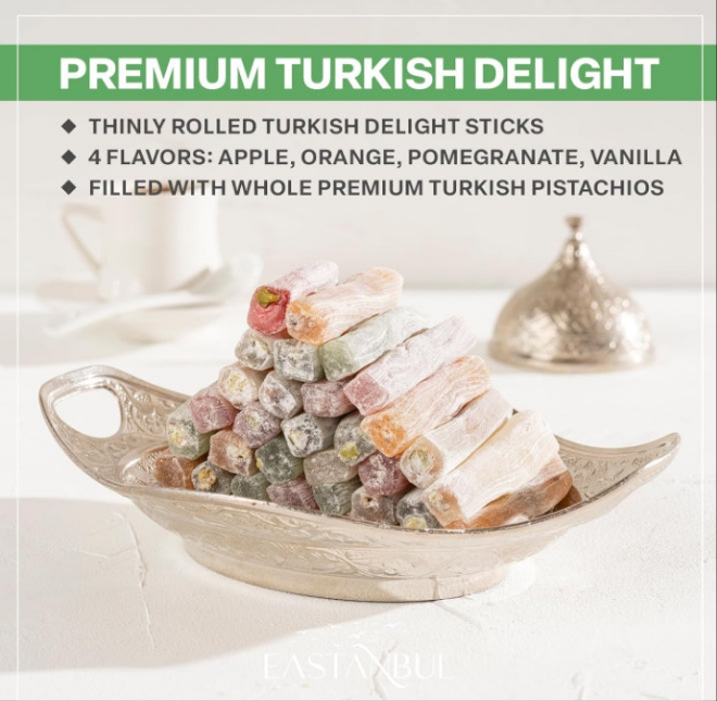 Turkish Delight Candy Sticks Pistachio Filled 17.6oz, w/ 4 Flavors: Apple, Orange, Pomegranate, Vanilla International Candy Box, Vegan Candy, Best Food & Beverage Gifts Option, Wick Lokum