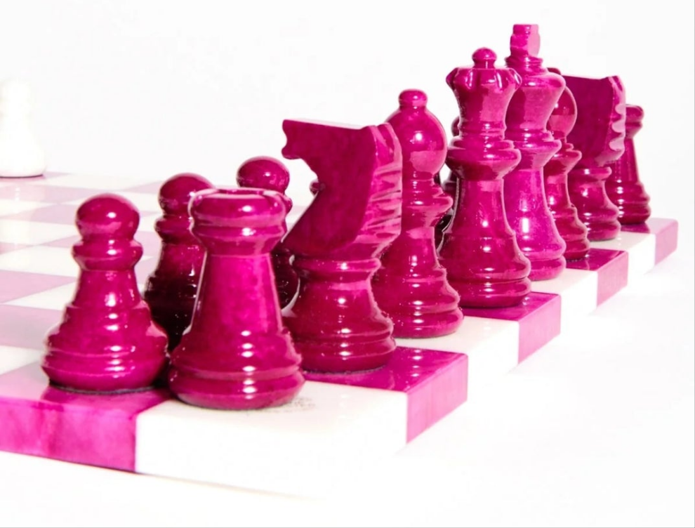 Magenta/White Large Italian Alabaster Chess Set