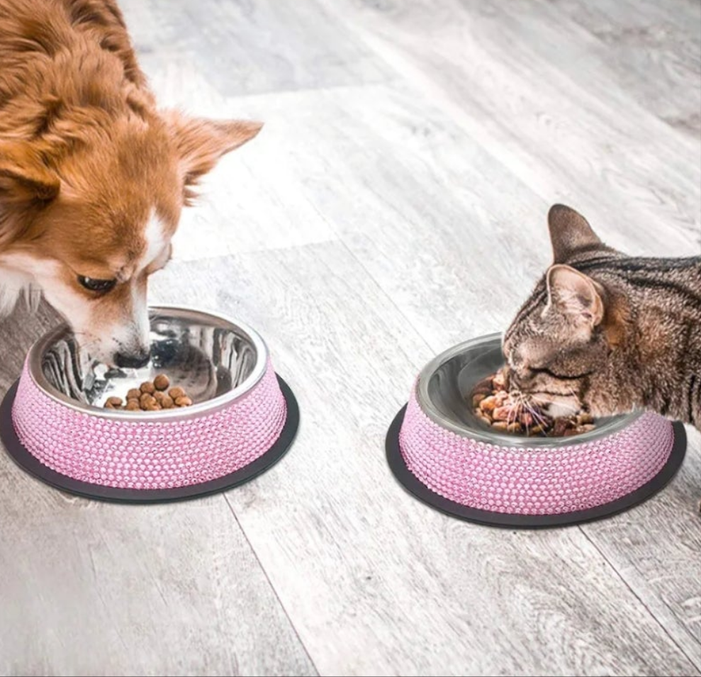 Rhinestone Pet Bowls, Bling Dog Cat Bowl Stainless Steel for Pets Food Water Dishes-2 Pack or single bowl