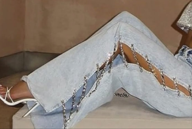 Covered in Diamond Lace Up Jeans High Rise Wide Leg Rhinestone Bandage Fringe Hem Split Denim Trouser