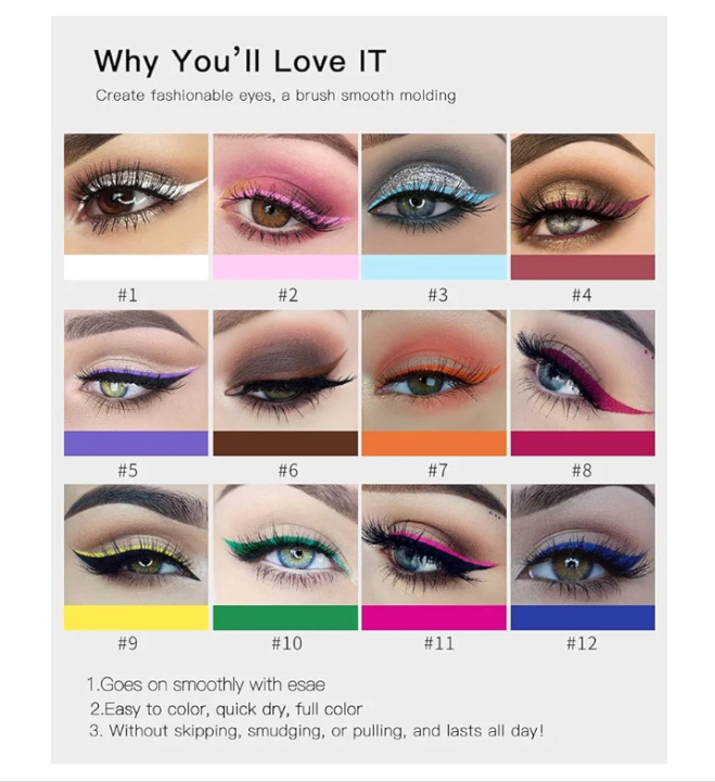 12 Colors Matte Liquid Eyeliner Set Rainbow Colorful Neon Eyeliner Pencil Pigmented Waterproof Smudgeproof Long Lasting Gel Eye Liner Christmas Makeup Gift Kit for Women