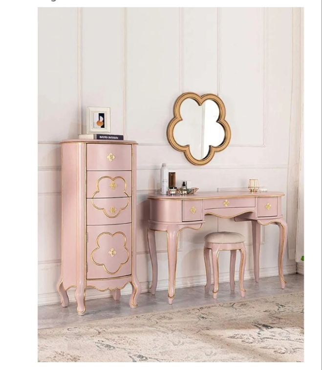 Vanity Table Set American Dresser with Flower Shaped Mirror and Make-up Stool 3 Drawers Bedroom Furniture Dressing Table Pink
