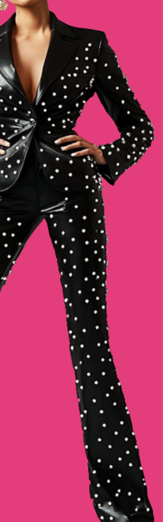 COCOMONEY Pearls PU Leather Jacket Two Piece Pant Set-Black