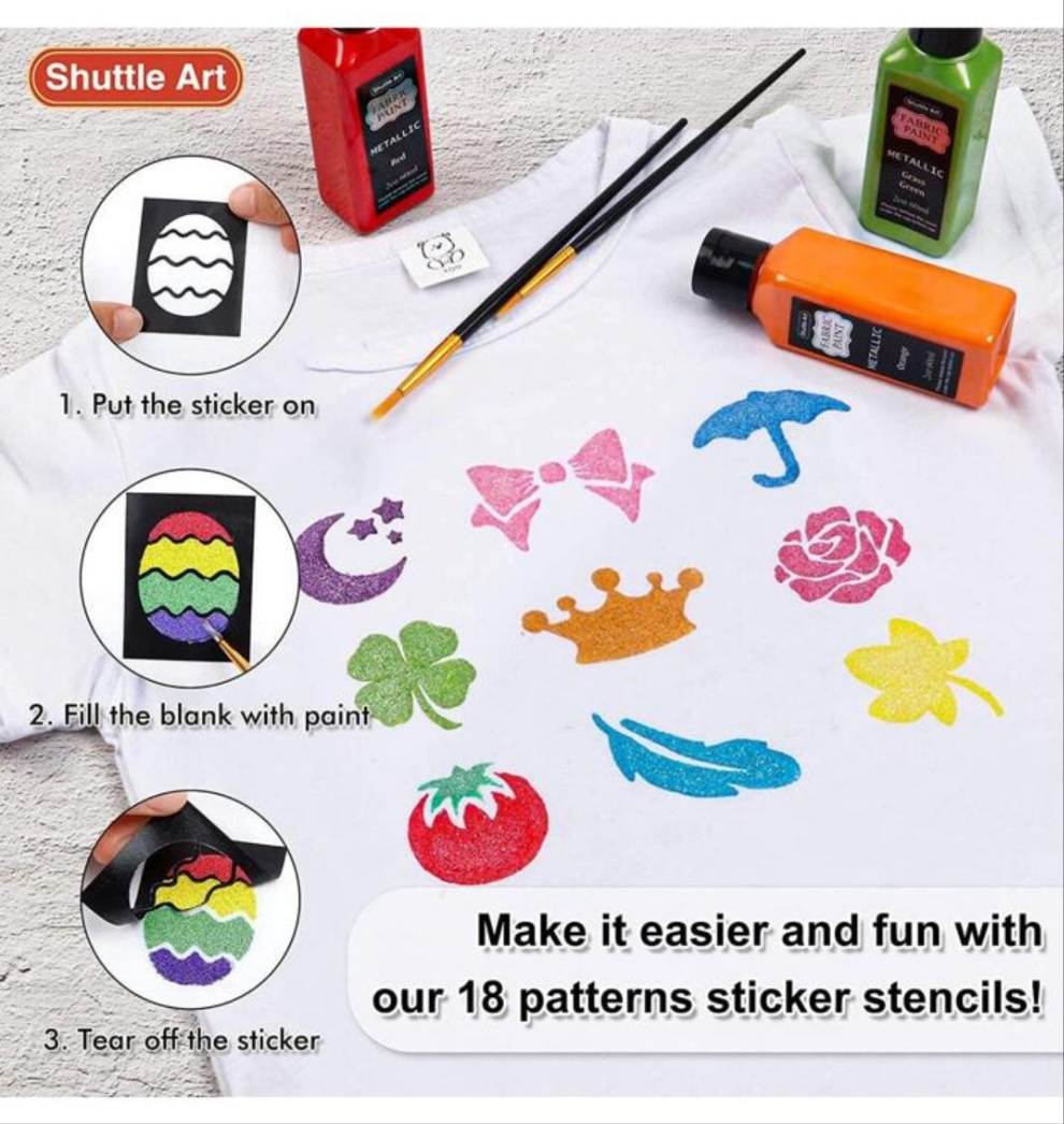 Metallic Fabric Paint, Shuttle Art 18 Metallic Colors Permanent Soft Fabric Paint in Bottles (60ml/2oz) with Brush and Stencils, Non-Toxic Textile Paint for Jeans, Bags & DIY Projects
