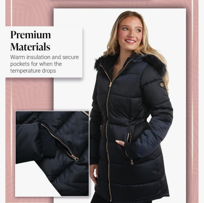 Women's Long Puffer Jacket - Quilted Winter Coat with Faux Fur Trim Hood - Insulated Coat fo