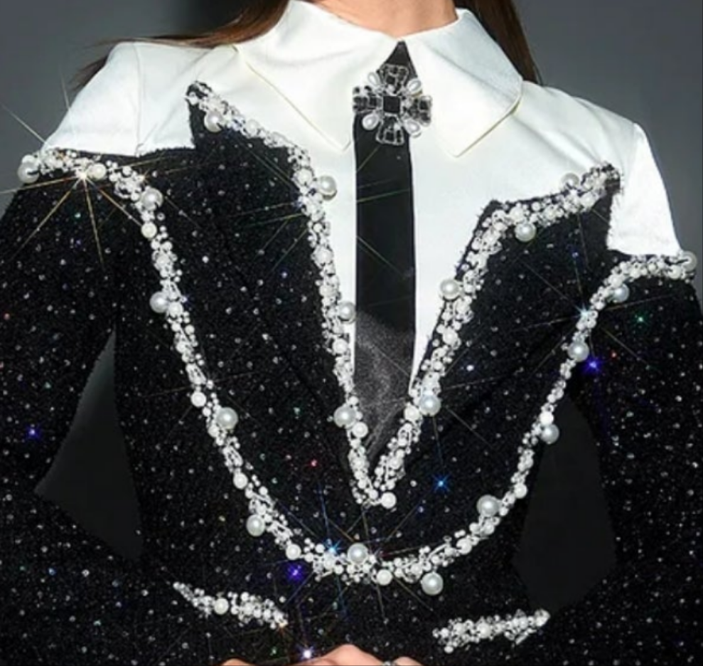 COCOMONEY Shirt Collar Sequin Pearl Decor Mini Dress-Black