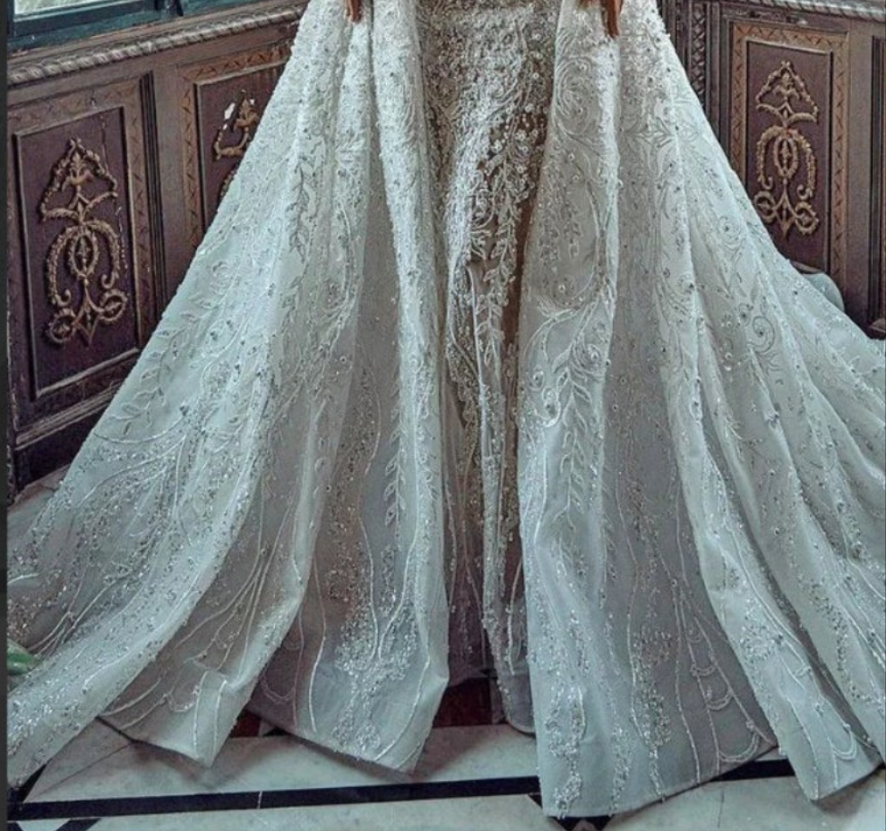 Stunning Long White One Shoulder A-line Beading Pearls Long Sleeve Weeding Dress With Train