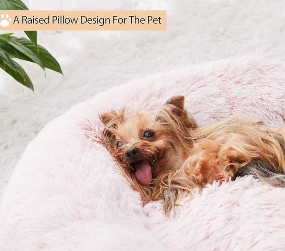 Calming Dog Cat Bed Donut, Faux Fur Pet Bed Self-Warming Donut Cuddler, Comfortable Round Plush Dog Beds